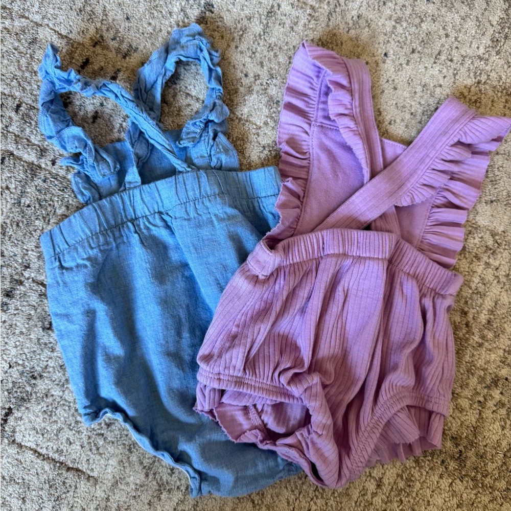 Short Romper Summer Set Bundle with Ruffle Straps Purple and Blue Jean - Picture 2 of 6